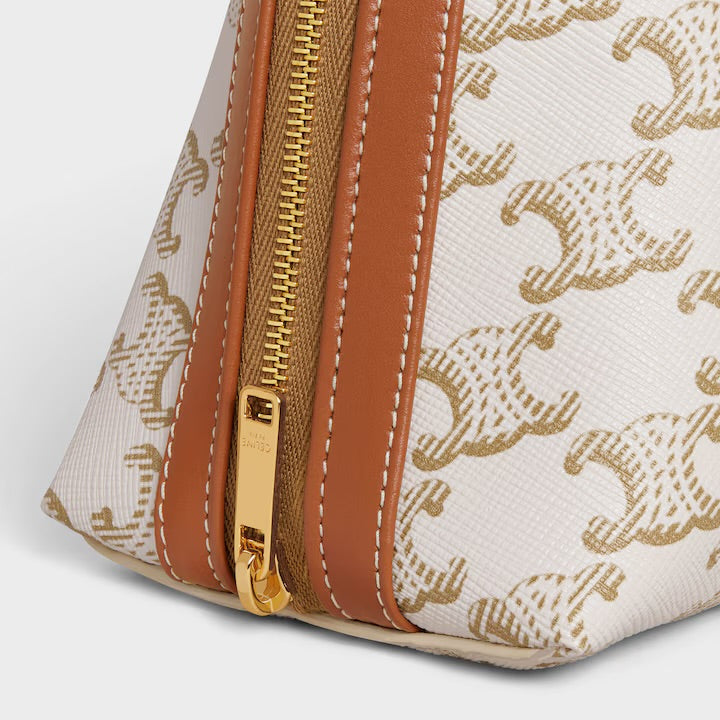 CELINE, LARGE COSMETIC POUCH IN TRIOMPHE CANVAS AND CALFSKIN