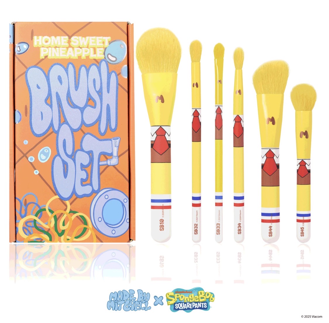 MADE BY MITCHELL, SpongeBob SquarePants - Six Piece Brush Set - Home Sweet Pineapple, Set de 6 brochas para rostro y ojos