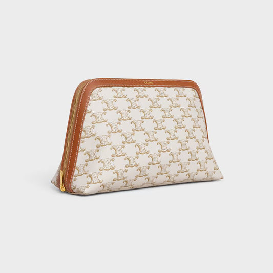 CELINE, LARGE COSMETIC POUCH IN TRIOMPHE CANVAS AND CALFSKIN