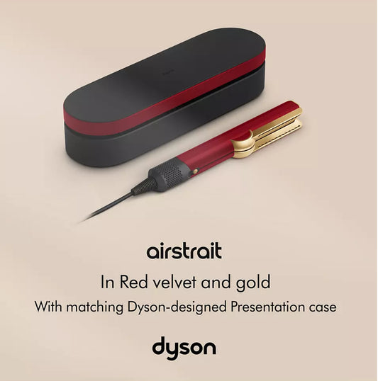 Dyson Airstrait Straightener, Edición especial Dyson Airstrait en terciopelo rojo y dorado con estuche de presentación de cortesía.