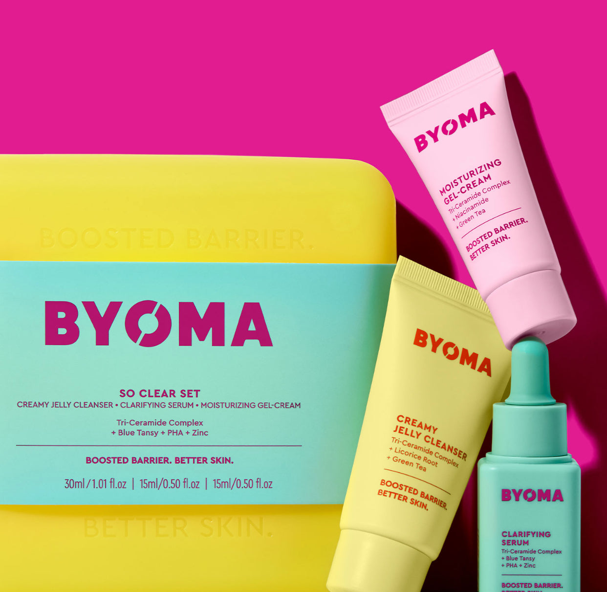 BYOMA, SO CLEAR SET MINI CLEANSER, MINI GEL CREAM, MINI CLARIFYING SERUM