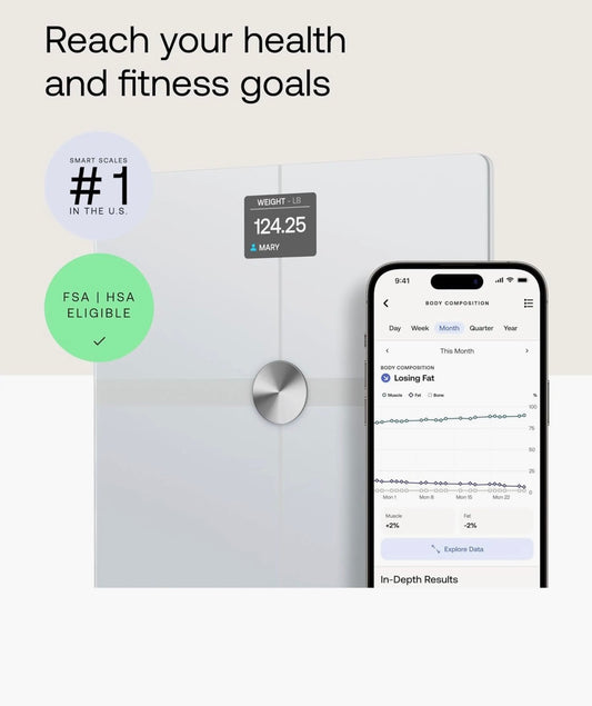 WITHINGS, Body Smart - Accurate Scale for Body Weight and Fat Percentage, Body Composition Wi-Fi and Bluetooth Weight Scale, Baby Weight Scale, Smart Scale Apple Health Compatible, Bathroom Scale