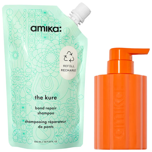 amika The Kure Bond Repair Refillable Shampoo Bottle and Pouch Set