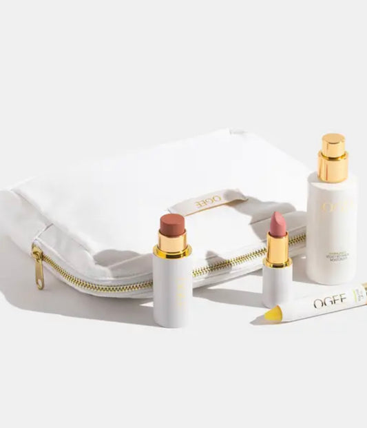 OGEE, Mod minimalista LÁPIZ ROSTRO ESCULPIDO (TOPAZ), LÁPIZ LABIAL ESCULPIDO FULL BLOOM (LULU), HIDRATANTE BOTÁNICO VELVET Y ACEITE LABIAL ESCULPIDO (TRANSPARENTE)