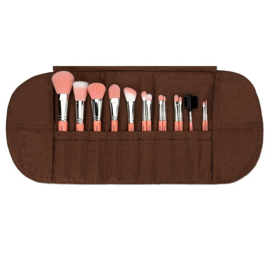 BDELLIUM TOOLS, PINK BAMBU COMPLETE 14pc BRUSH SET WITH ROLL UP POUCH