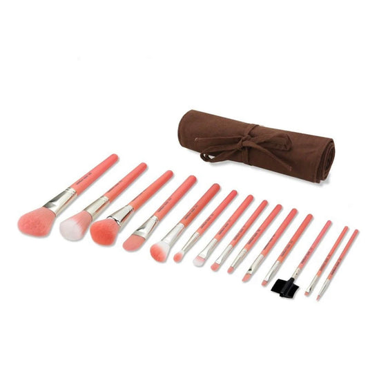 BDELLIUM TOOLS, PINK BAMBU COMPLETE 14pc BRUSH SET WITH ROLL UP POUCH